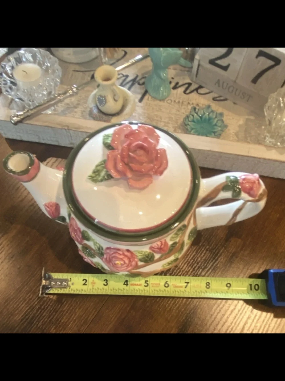 Hand-Painted Rose Ceramic/Porcelain Teapot in Pink and Green